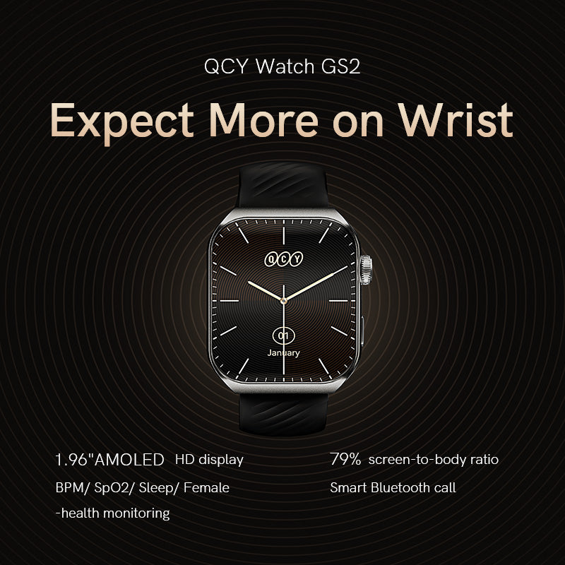 Black QCY Watch GS2 showcasing time, date, and health metrics on a stylish display with a contemporary design