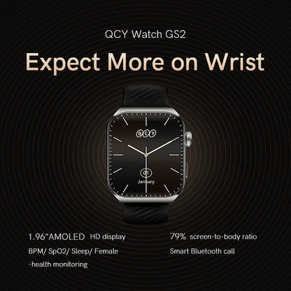 Black QCY Watch GS2 showcasing time, date, and health metrics on a stylish display with a contemporary design