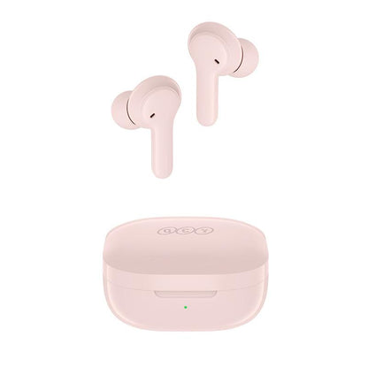 Pink QCY T13 wireless earbuds shown with charging case, featuring sleek design and LED indicator