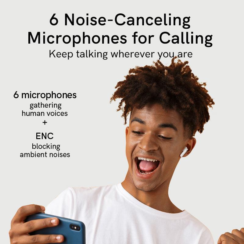 White QCY MeloBuds ANC earbuds with 6 noise-canceling microphones for clear calls, shown on model using phone.