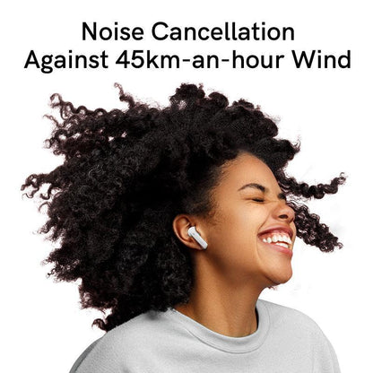 White QCY MeloBuds ANC earbuds with noise cancellation against 45km/h wind, shown on model enjoying music.