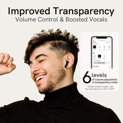 Black QCY MeloBuds ANC with improved transparency, 6 volume levels, and boosted vocals, shown on model with app interface.
