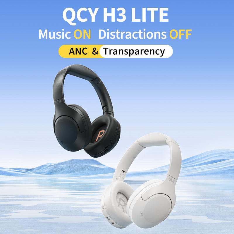 White QCY H3 Lite headphones with ANC and transparency mode, shown alongside black version on blue background.