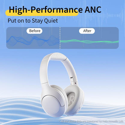 White QCY H3 Lite headphones with high-performance ANC, showing before and after noise reduction on blue background.
