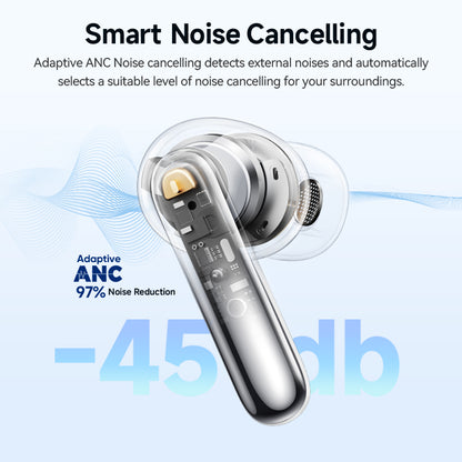 White QCY Melobuds N50 earbud showcasing smart noise cancelling with adaptive ANC and 97% noise reduction capability