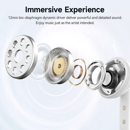 Black QCY Melobuds N50 earbud showcasing 12mm bio-diaphragm dynamic driver for immersive sound experience and detailed audio