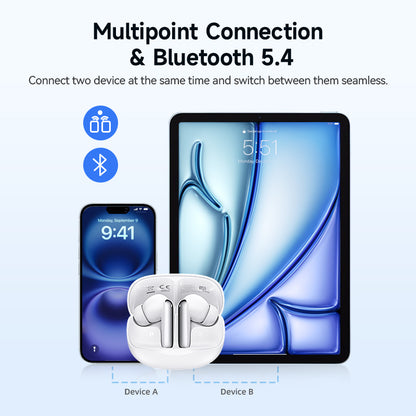 White QCY Melobuds N50earbuds showcasing multipoint connection and Bluetooth 5.4 for connecting two devices at once