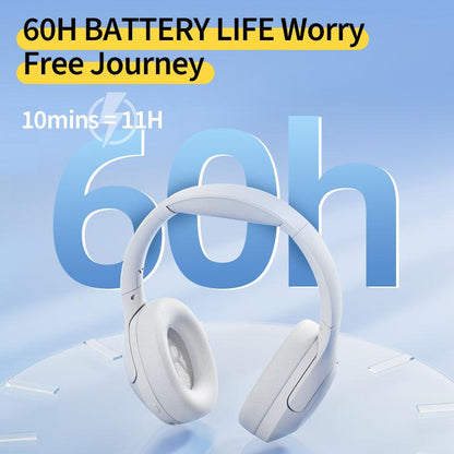 Black QCY H3 Lite headphones with 60-hour battery life, quick charge 10 mins for 11 hours, shown on blue background.