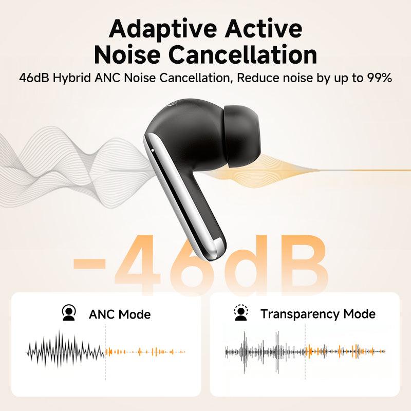 Black QCY MeloBuds Pro with 46dB hybrid ANC, showing sound wave comparison between ANC and transparency modes