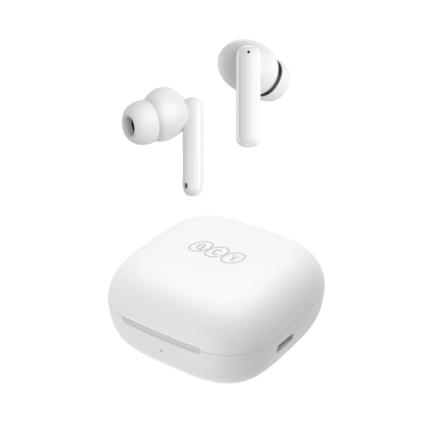 White QCY T13 ANC earbuds floating above charging case, front-angled view showing sleek design and LED indicator