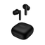 Black QCY T13 ANC earbuds floating above charging case, front-angled view showing sleek design and LED indicator