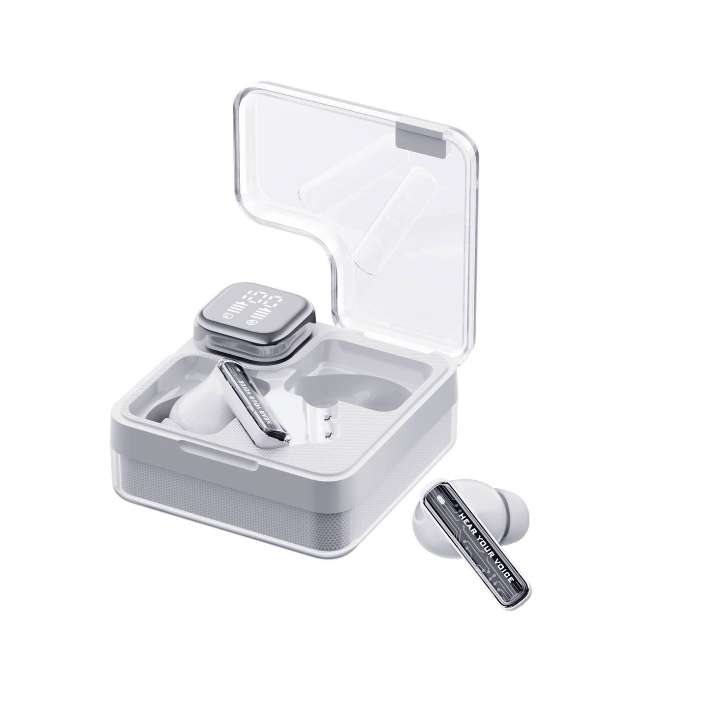 White QCY MeloBuds Neo earbuds in open clear case with display, "Hear Your Voice" text visible.