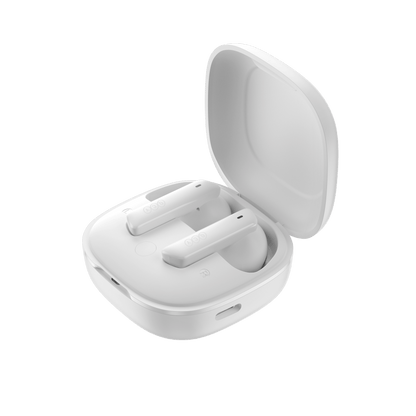 White QCY MeloBuds ANC earbuds in open charging case, sleek design on white background.