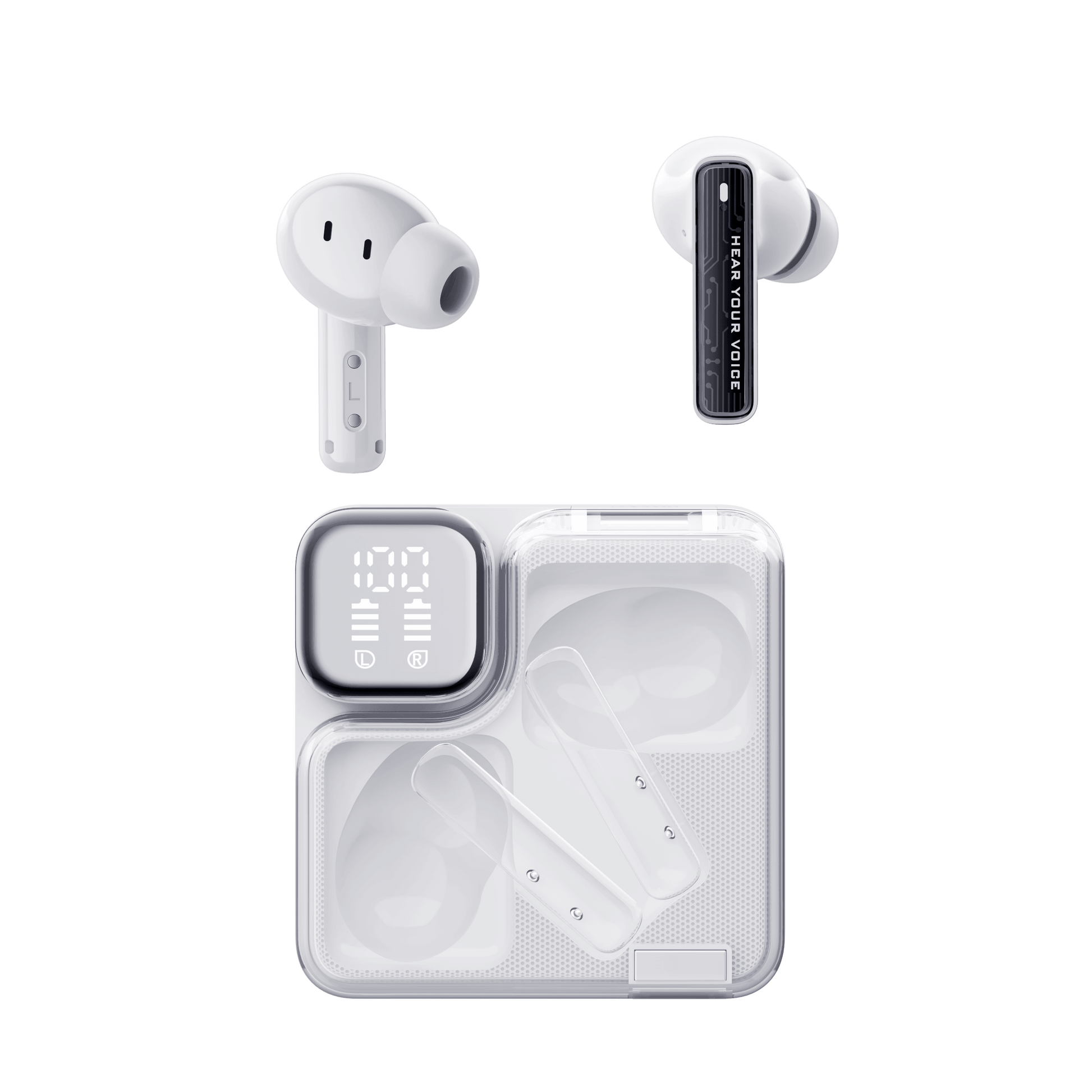 White QCY MeloBuds Neo earbuds with "Hear Your Voice" text, shown with clear case and digital display.